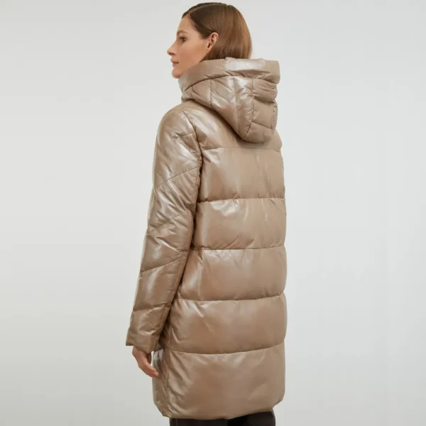 Women Beige Shiny Long Puffer Coat - Image 2