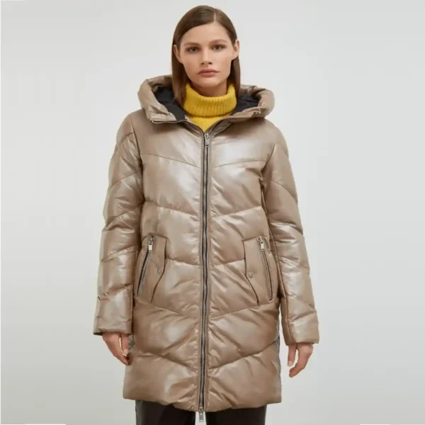 Women Beige Shiny Long Puffer Coat