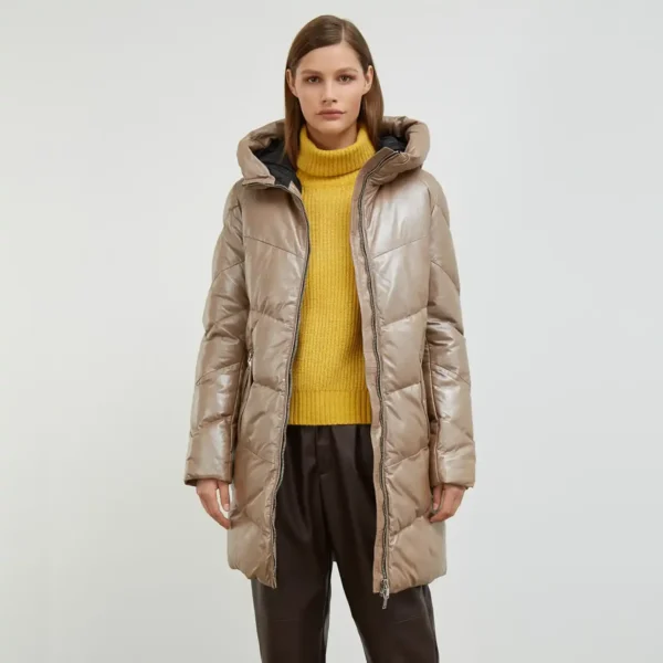 Women Beige Shiny Long Puffer Coat - Image 3