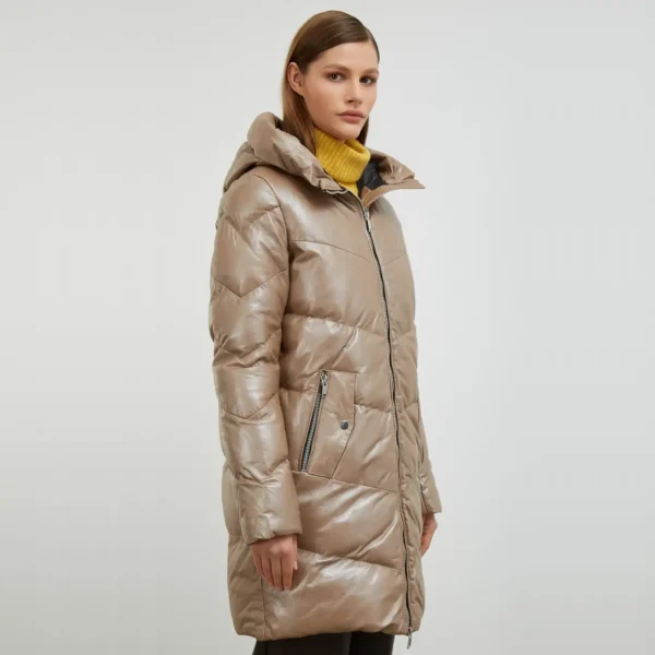 Women Beige Shiny Long Puffer Coat - Image 4