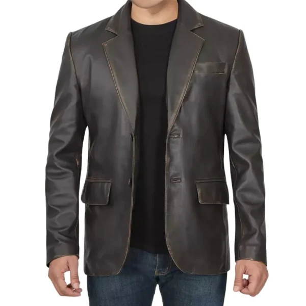 Two Button Dark Brown Mens Distressed Leather Blazer