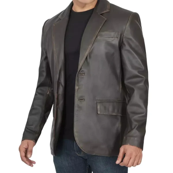 Two Button Dark Brown Mens Distressed Leather Blazer - Image 4