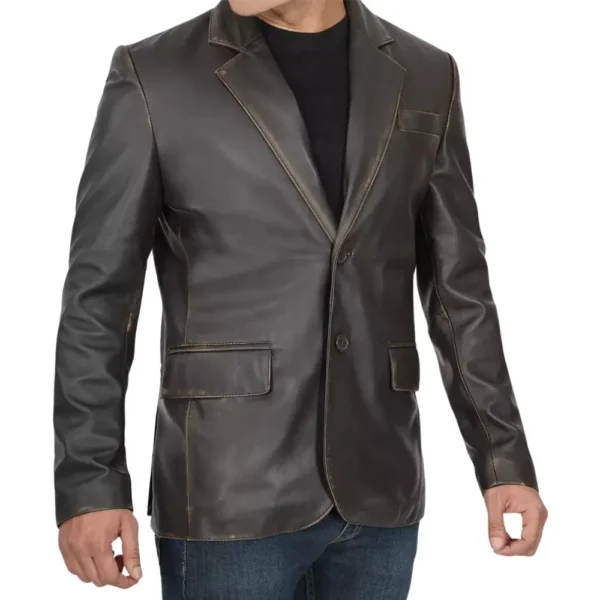 Two Button Dark Brown Mens Distressed Leather Blazer - Image 6
