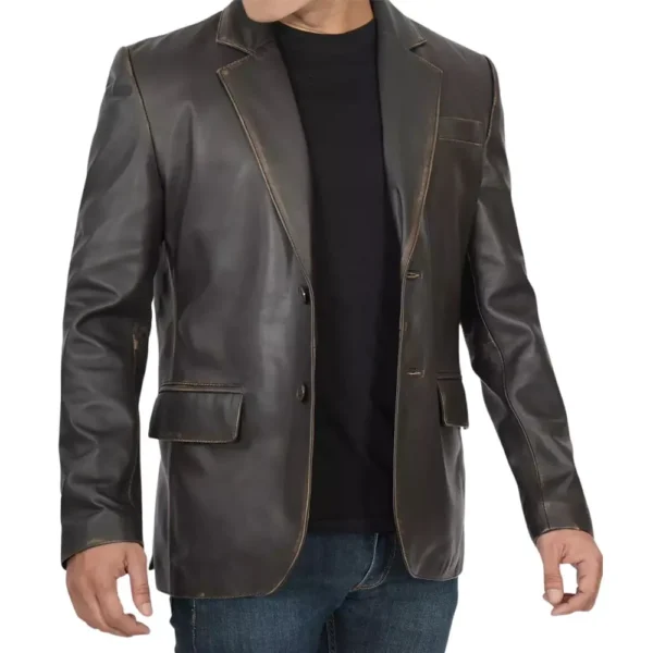 Two Button Dark Brown Mens Distressed Leather Blazer - Image 3