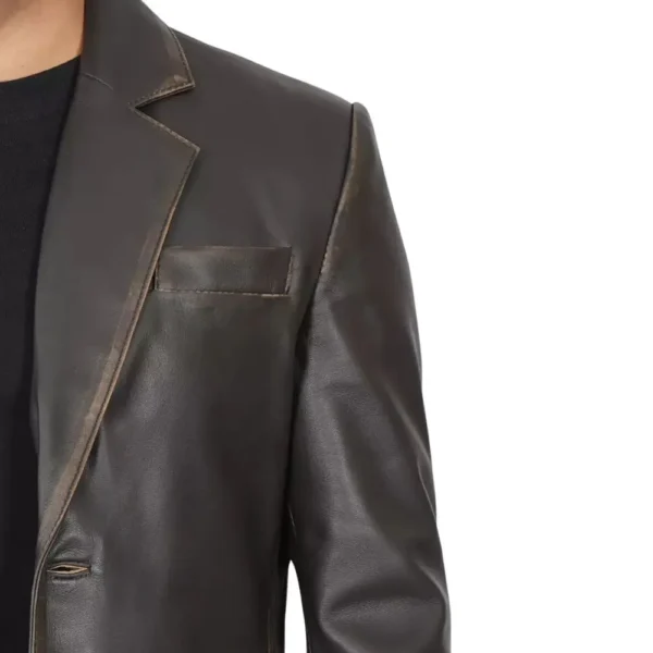 Two Button Dark Brown Mens Distressed Leather Blazer - Image 5