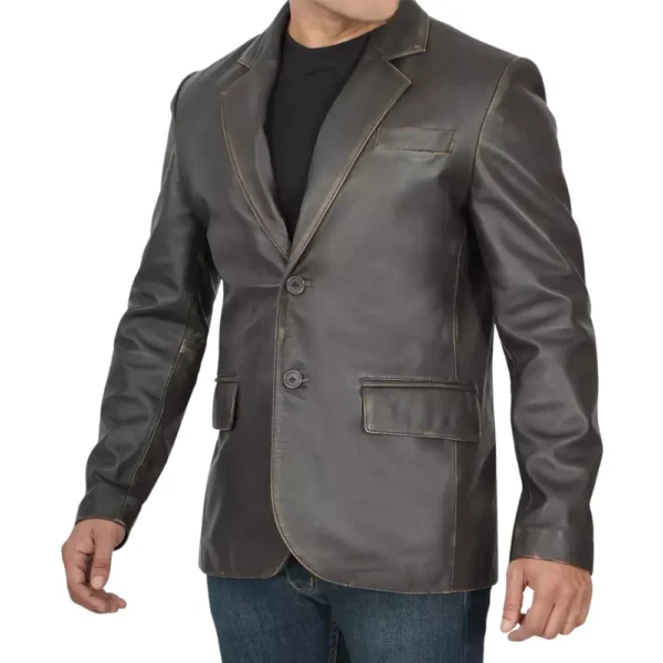 Two Button Dark Brown Mens Distressed Leather Blazer - Image 2