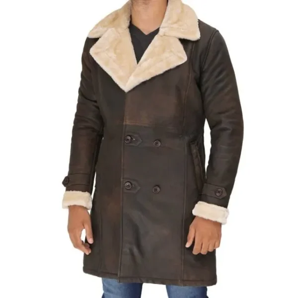 Mens Double Breasted Leather Brown Sherpa Coat - Image 2