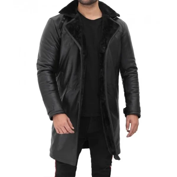 Men's 3/4 Length Leather Black Shearling Coat - Image 2