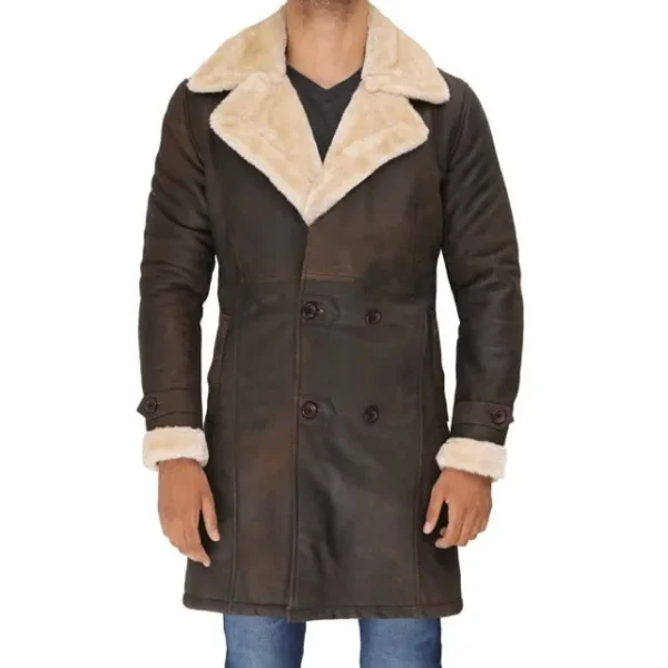 Mens Double Breasted Leather Brown Sherpa Coat