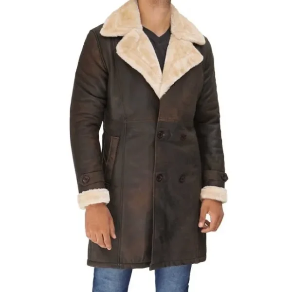 Mens Double Breasted Leather Brown Sherpa Coat - Image 3
