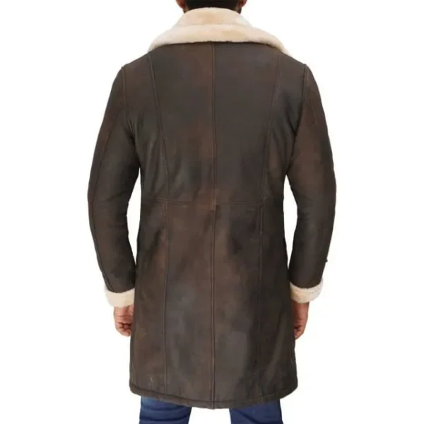 Mens Double Breasted Leather Brown Sherpa Coat - Image 4