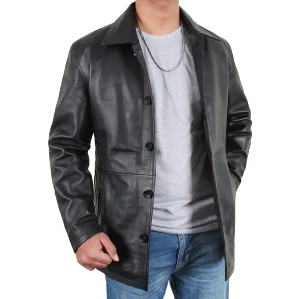 3/4 Length Black Mens Leather Car Coat - Image 2