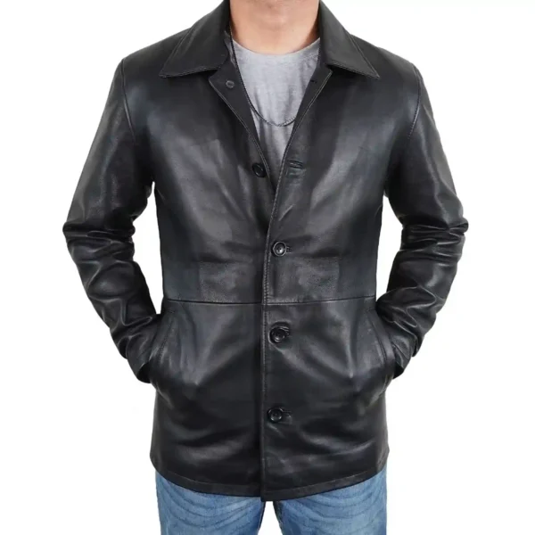 3/4 Length Black Mens Leather Car Coat - Image 3