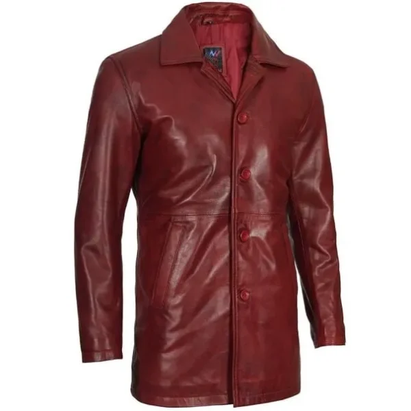 Men's Real Lambskin Maroon Leather Coat - Image 3