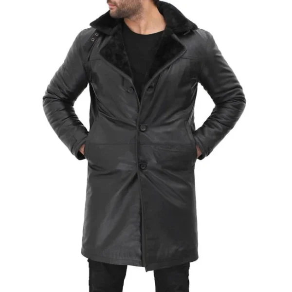 Men's 3/4 Length Leather Black Shearling Coat