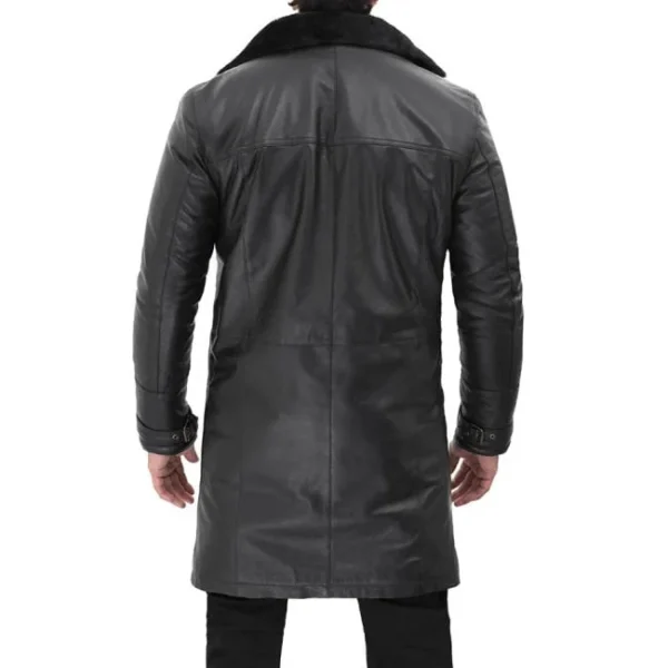 Men's 3/4 Length Leather Black Shearling Coat - Image 4
