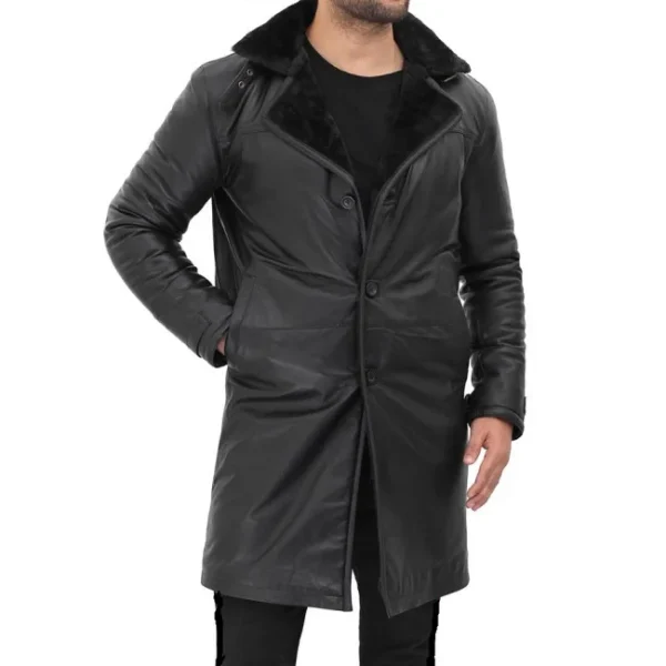 Men's 3/4 Length Leather Black Shearling Coat - Image 3