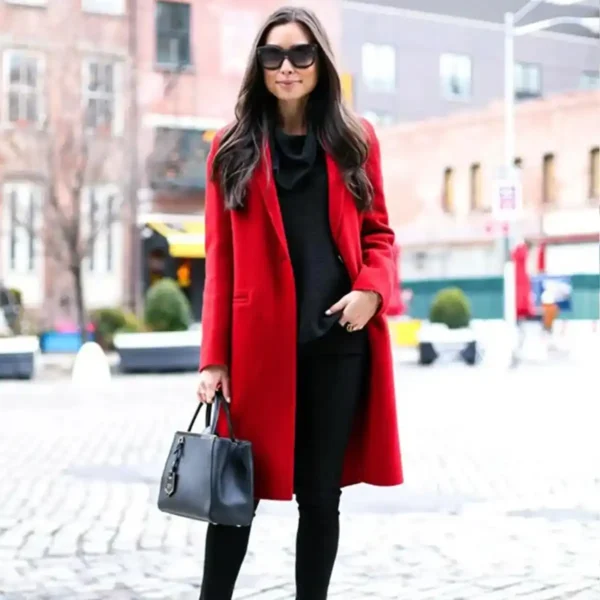 Womens Single Breasted Red Wool Coat - Image 2