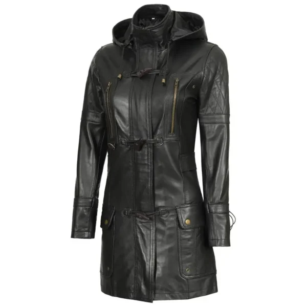 Real Lambskin Black Hooded Leather Coat Womens - Image 4