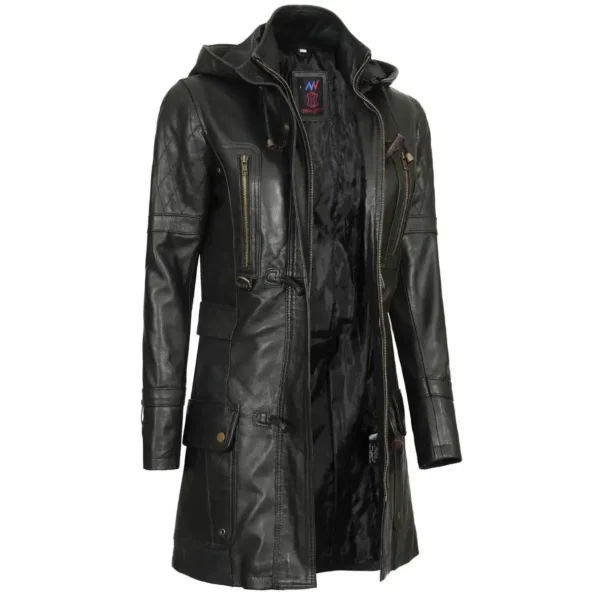 Real Lambskin Black Hooded Leather Coat Womens - Image 5