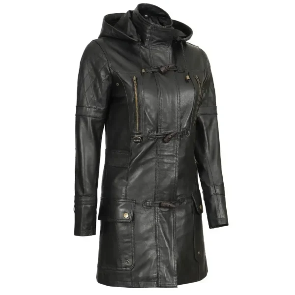 Real Lambskin Black Hooded Leather Coat Womens - Image 2