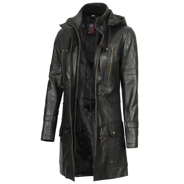 Real Lambskin Black Hooded Leather Coat Womens - Image 6