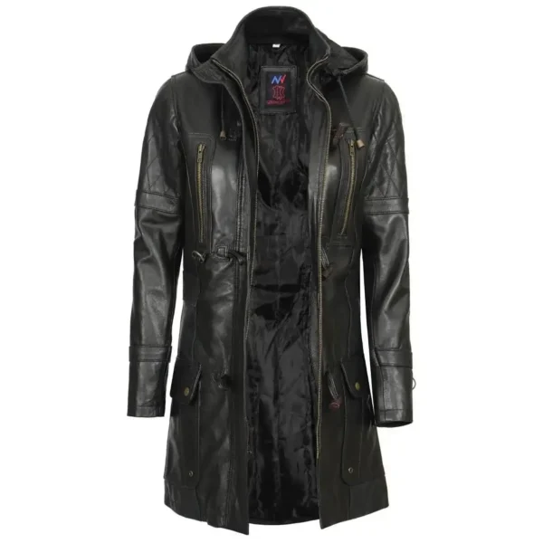 Real Lambskin Black Hooded Leather Coat Womens - Image 3