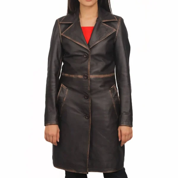 Real Lambskin Distressed Brown Leather Coat Womens