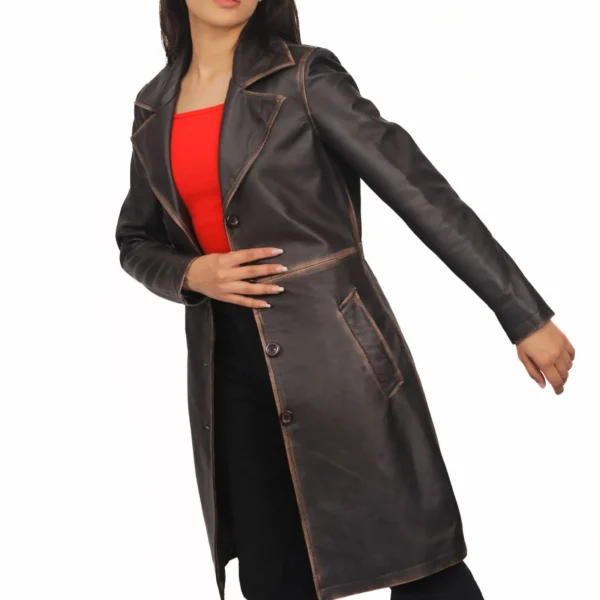 Real Lambskin Distressed Brown Leather Coat Womens - Image 4