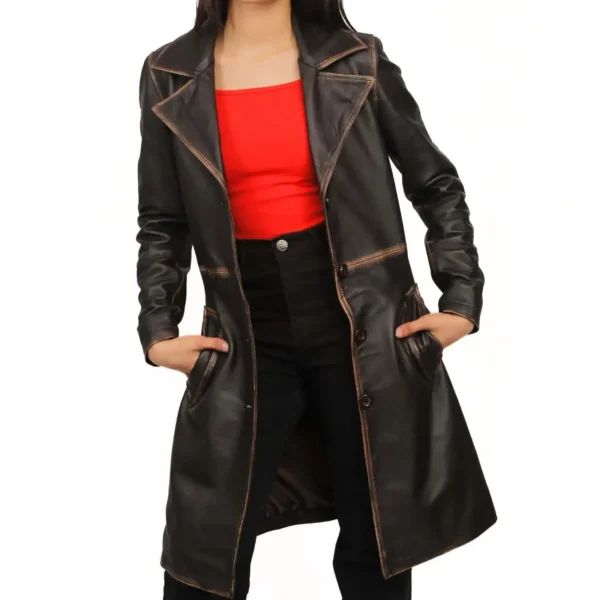 Real Lambskin Distressed Brown Leather Coat Womens - Image 6