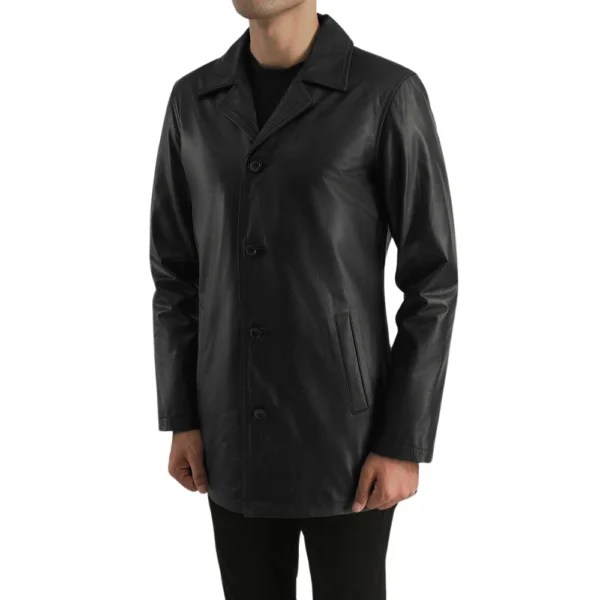 3/4 Length Black Leather Car Coat Mens - Limited Stock - Image 3