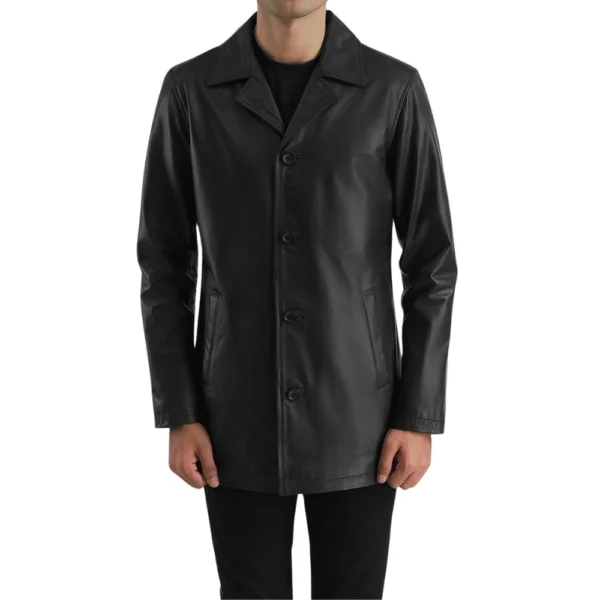 3/4 Length Black Leather Car Coat Mens - Limited Stock - Image 2