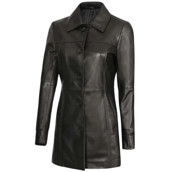 Black 3/4 Length Leather Coat Womens - Image 4