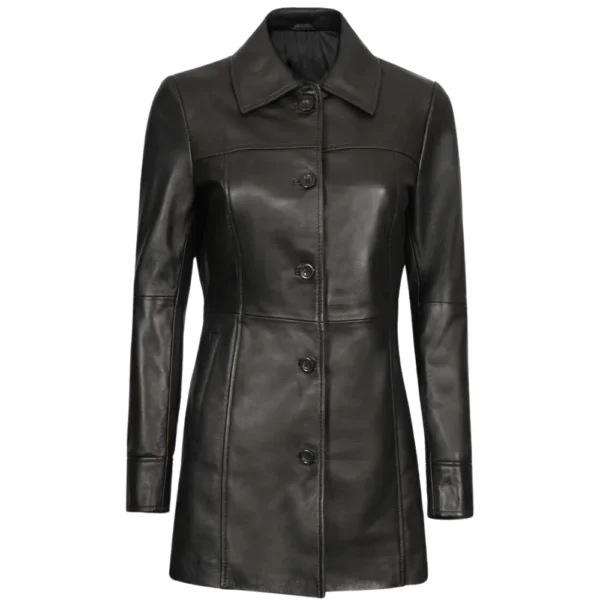 Black 3/4 Length Leather Coat Womens - Image 2