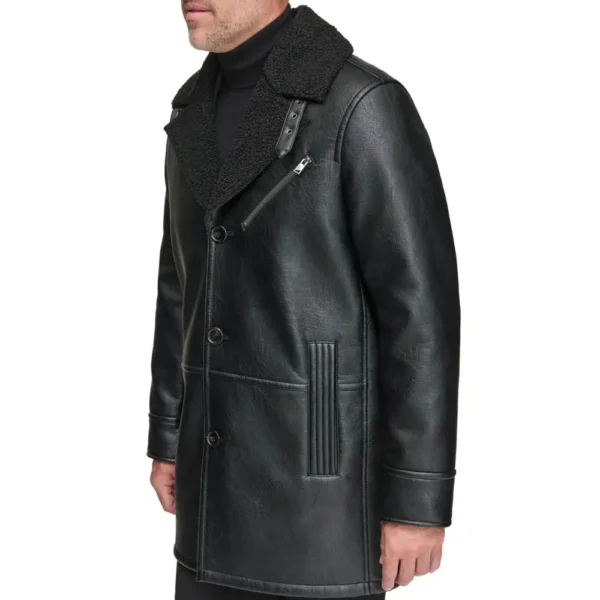 Real Lambskin Leather Black Shearling Coat Mens - Image 2