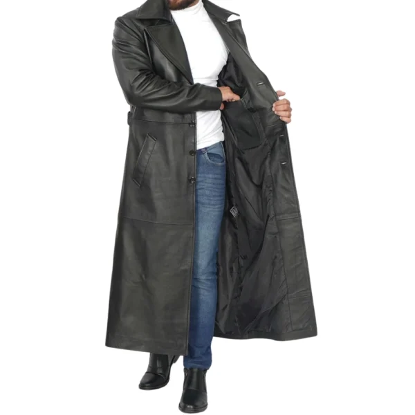 Black Long Leather Trench Coat Mens - Image 7