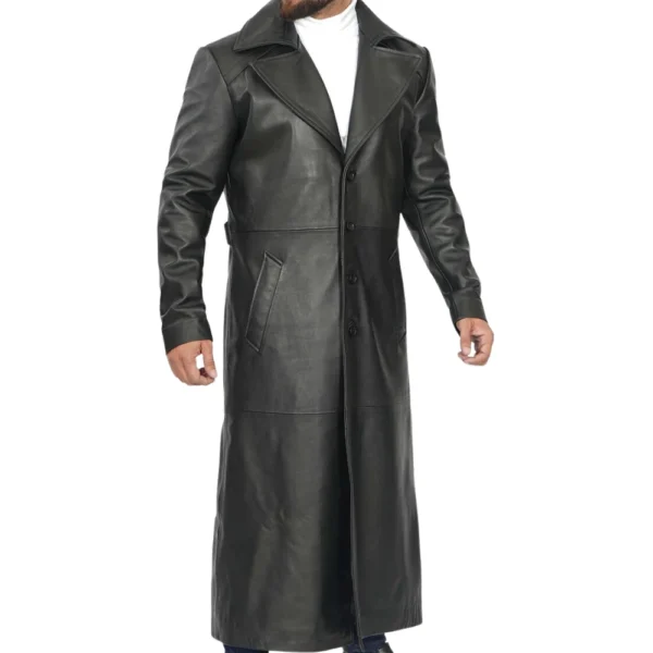 Black Long Leather Trench Coat Mens - Image 4