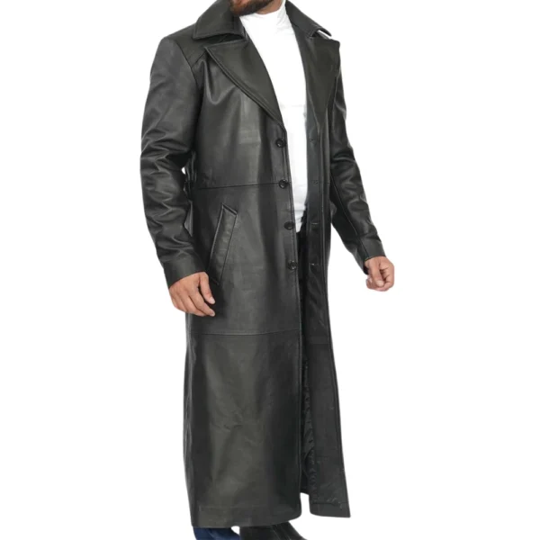 Black Long Leather Trench Coat Mens - Image 2