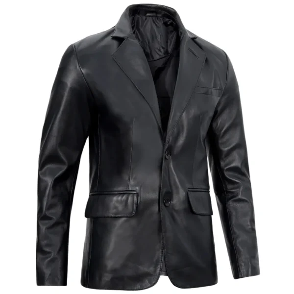 Two Button Black Leather Blazer Mens - Image 3