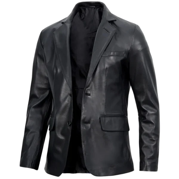 Two Button Black Leather Blazer Mens - Image 4