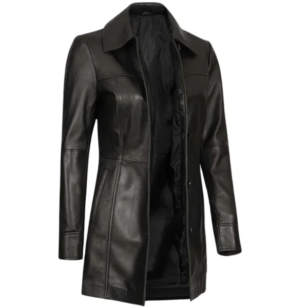 Black 3/4 Length Leather Coat Womens - Image 3
