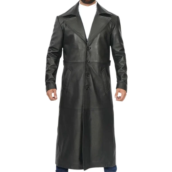 Black Long Leather Trench Coat Mens - Image 3