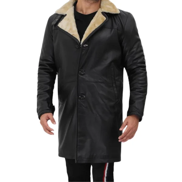 3/4 Length Black Shearling Leather Coat Mens - Image 3