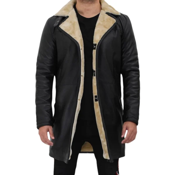 3/4 Length Black Shearling Leather Coat Mens