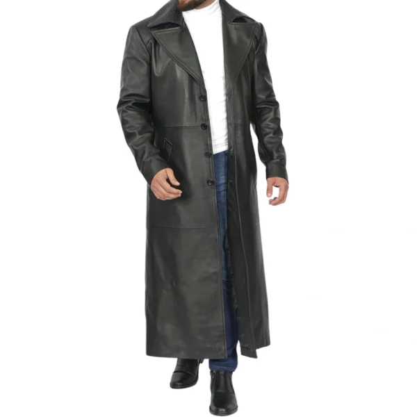 Black Long Leather Trench Coat Mens - Image 6