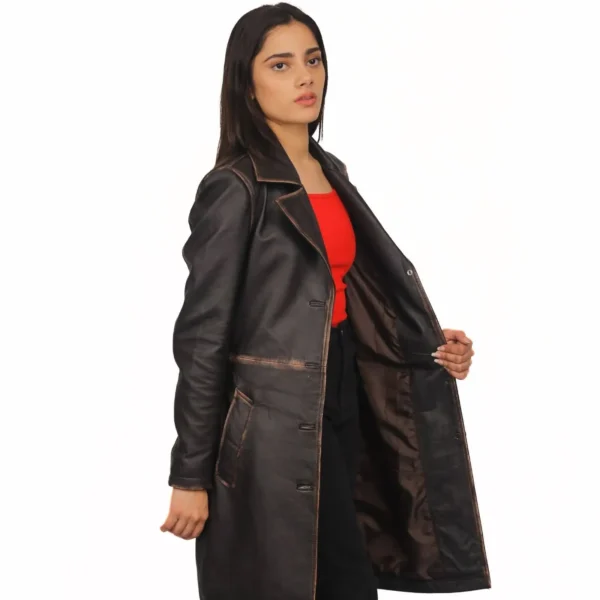 Real Lambskin Distressed Brown Leather Coat Womens - Image 5