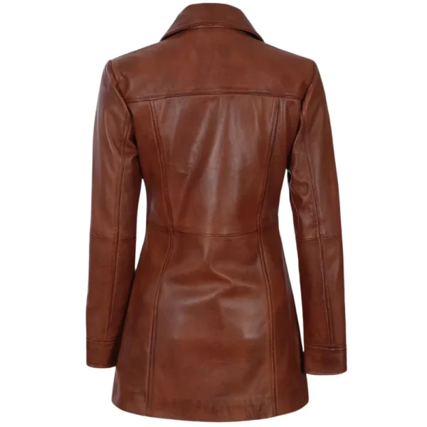Women's 3/4 Length Leather Cognac Brown Coat - Limited Stock - Image 6