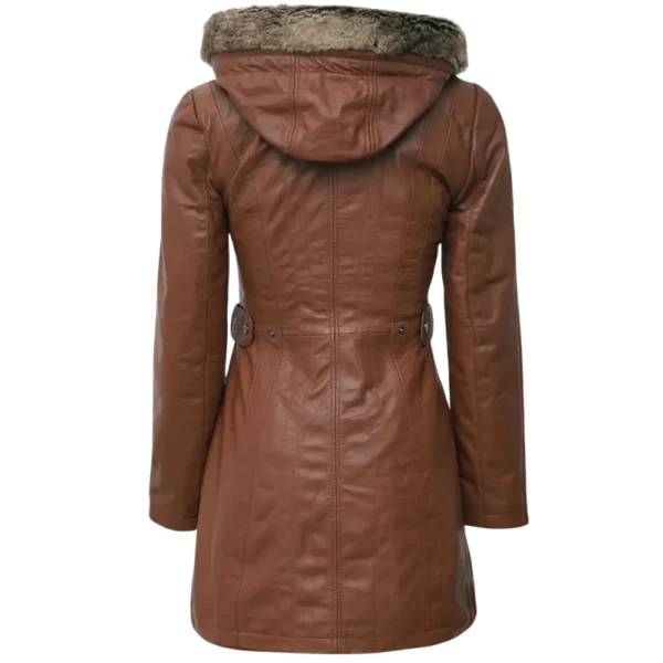 Womens Brown Hooded Leather Coat - Removable Sherpa Hood - Image 4