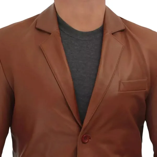 Two Button Cognac Mens Leather Blazer Jacket - Image 3