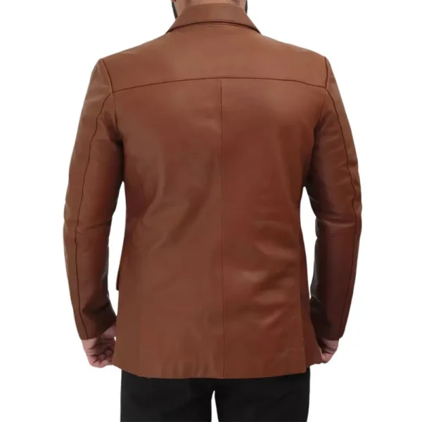 Two Button Cognac Mens Leather Blazer Jacket - Image 7